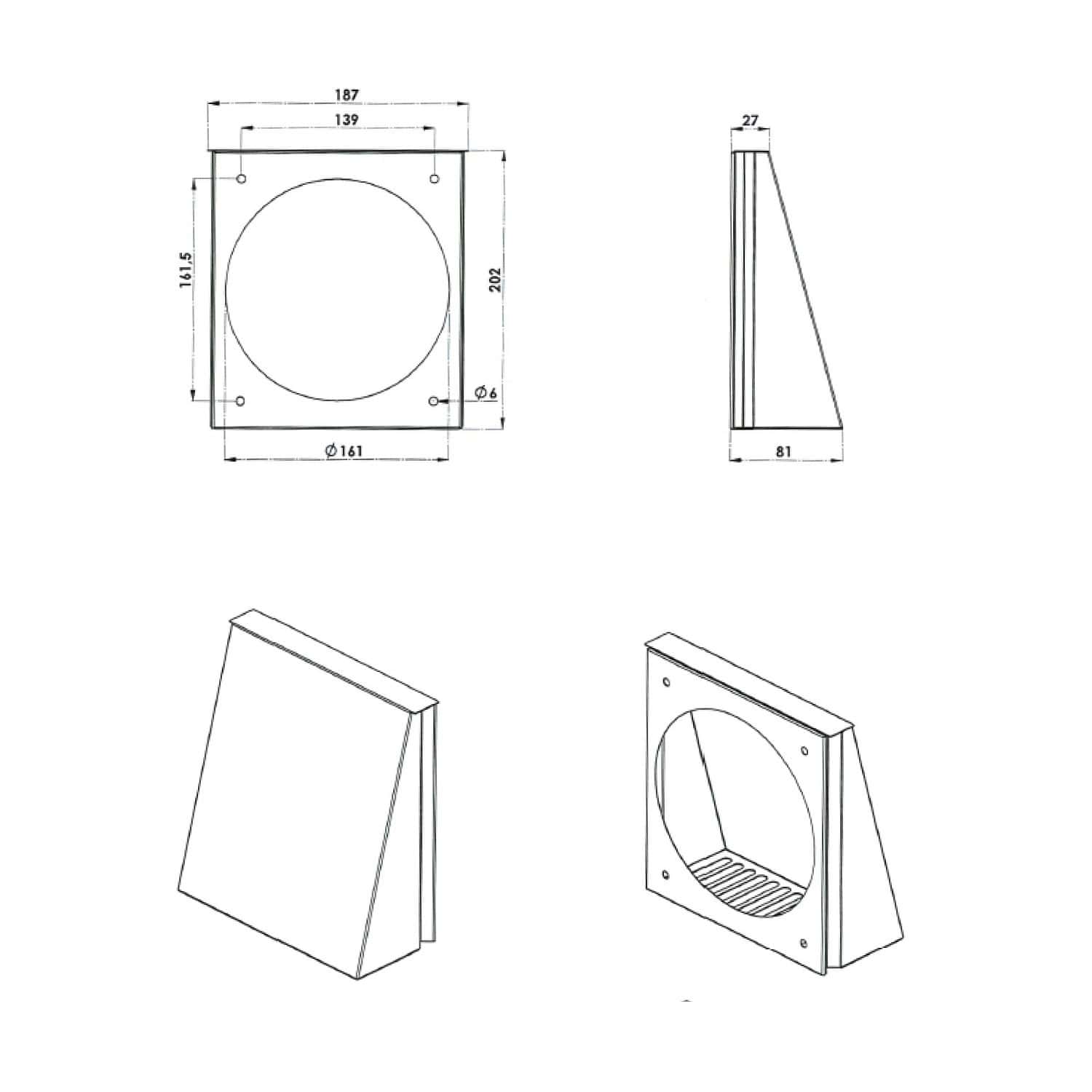 1. CAD-tegning af VentiOne ventilationsenhed med mål og detaljer.